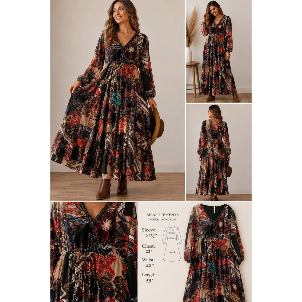 NY Collection Woman Paisley Patchwork Maxi Dress Beaded V-Neck  Multicolor SX 1X
